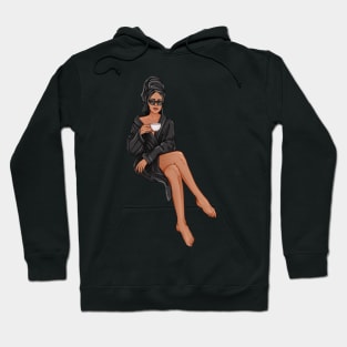 Brunette Girl with Coffee in Black Robe Hoodie